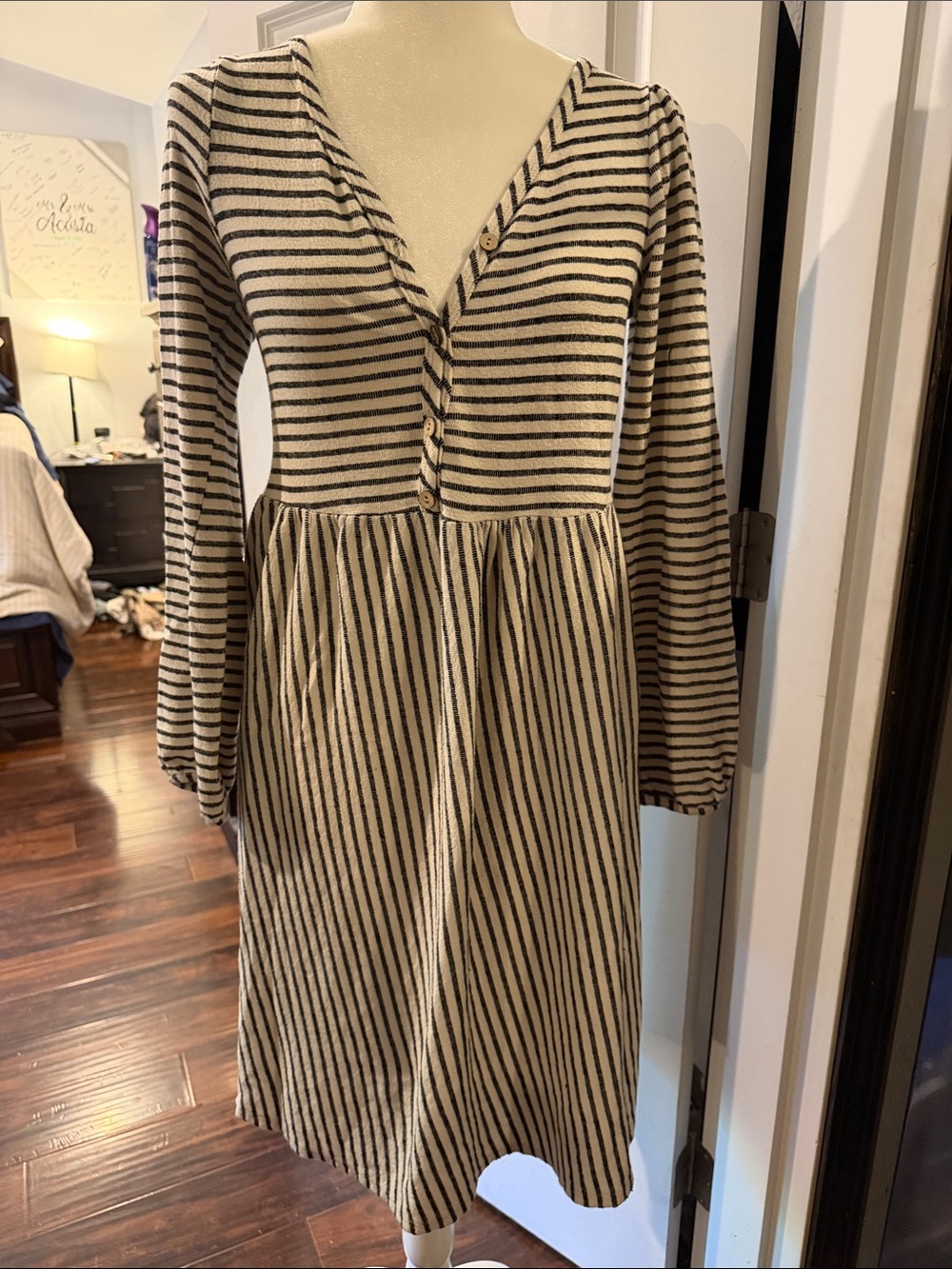 Striped Long-Sleeve V-Neck Dress in Cream and Black
